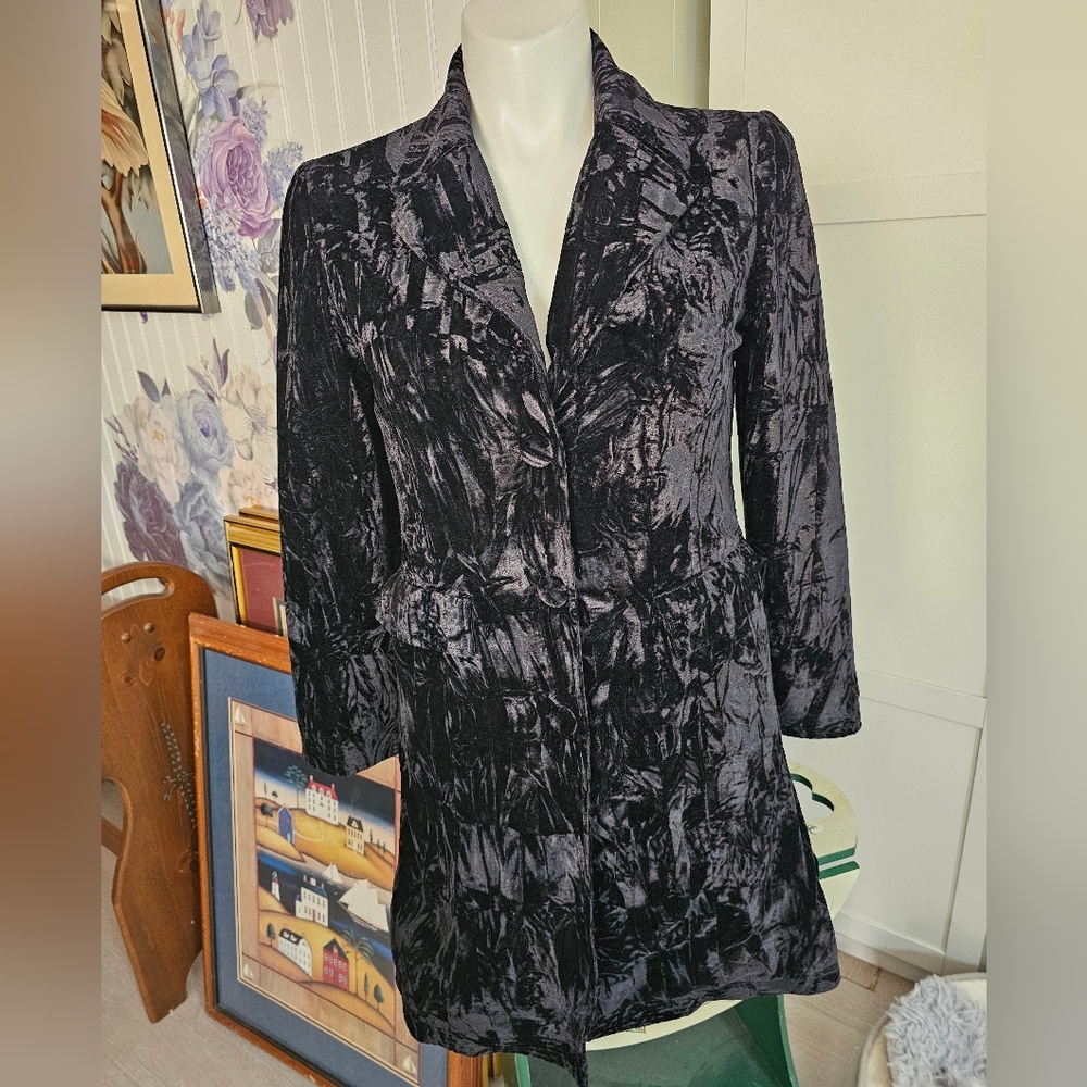Zenim Black Crushed Velvet Coat Medium M Excellent Mid Length Duster Jacket Vtg